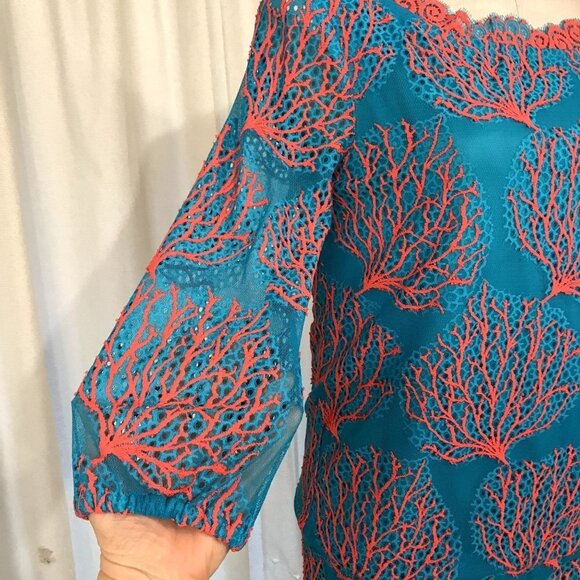 Lilly Pulitzer Cee Cee Dress Blue Snorkel Coral Mesh Lace Size 4 Drop Waist Long - Picture 9 of 15